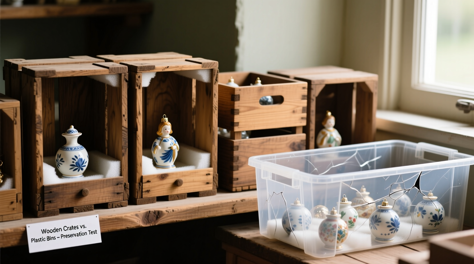 are wooden crates better than bins for storing delicate ornaments