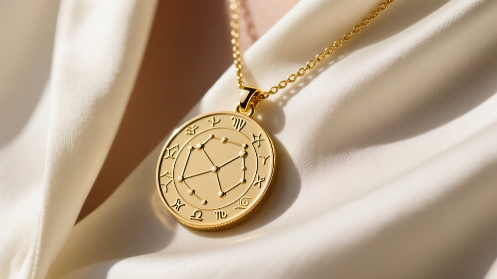 Close-up of a textured gold coin medallion necklace resting on a silk blouse, highlighting the intricate engraved celestial details.