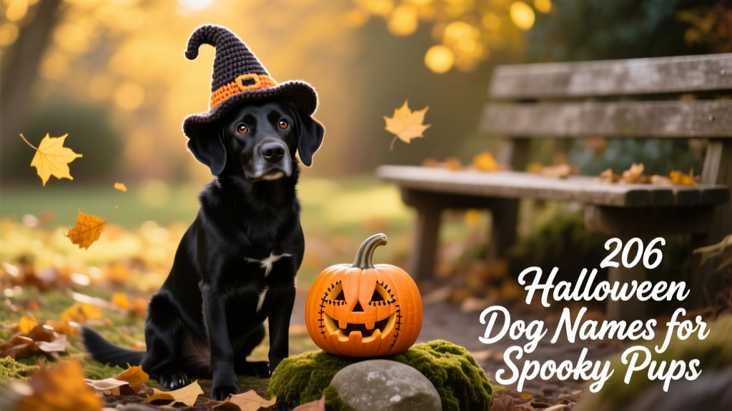 A playful black dog wearing a tiny witch hat, sitting beside a miniature pumpkin