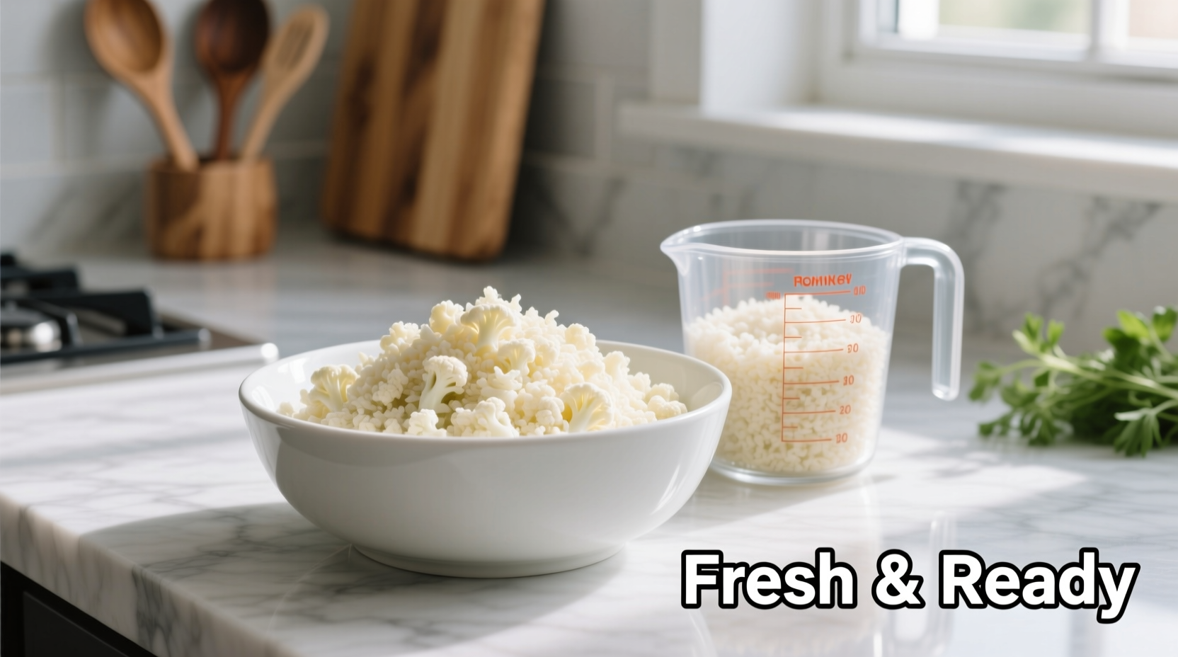 Fresh cauliflower rice in white bowl with measuring cup