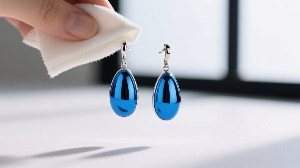 Blue rhodium plated drop earrings being gently wiped with a microfiber cloth, showing the vibrant blue hue and high-polish finish.