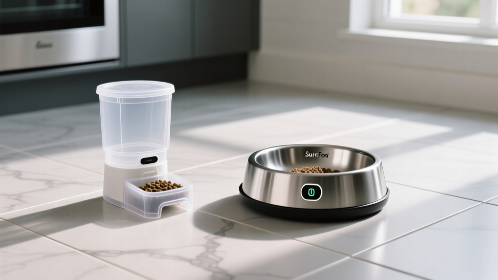 Side-by-side comparison of a basic plastic gravity pet feeder and a sleek SureFeed microchip-activated smart bowl on a modern kitchen tile floor