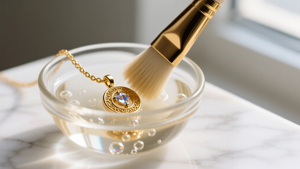 Macro shot of a soft brush gently scrubbing a gold pendant chain submerged in a small glass bowl of mild soapy water solution.