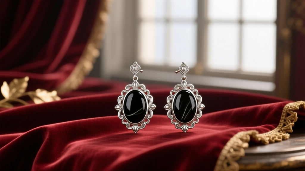 Victorian silver cameo earrings with onyx on burgundy velvet, highlighting an elegant 1899 Saint Denis frontier aesthetic.