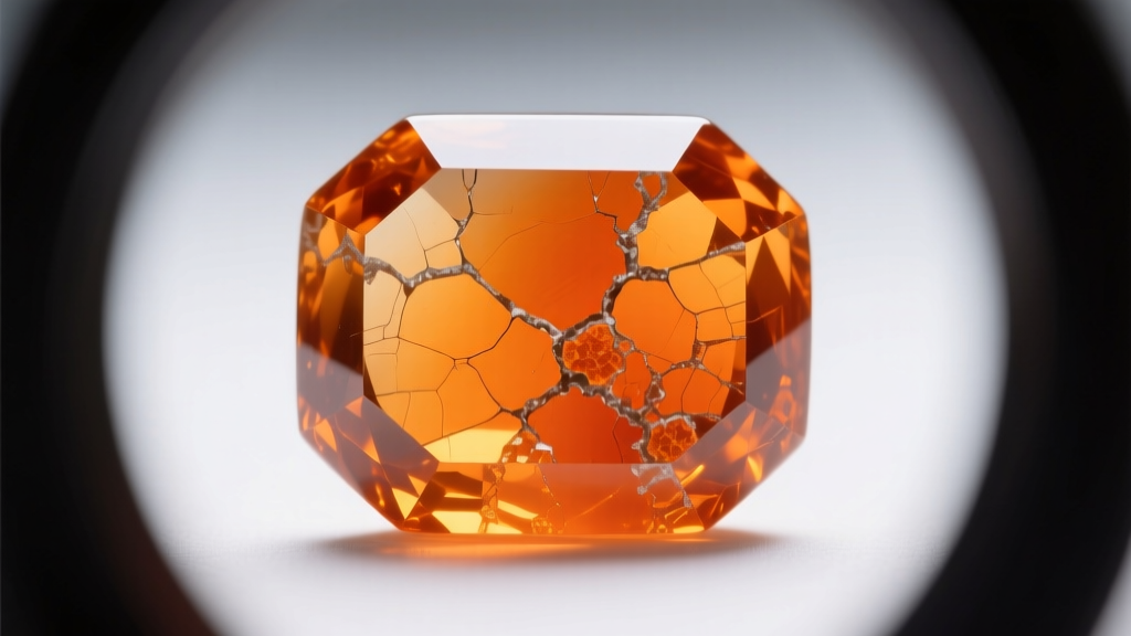 Macro view of dyed orange jade showing pigment trapped in microscopic fractures and crystalline boundaries under a 10x gem loupe.
