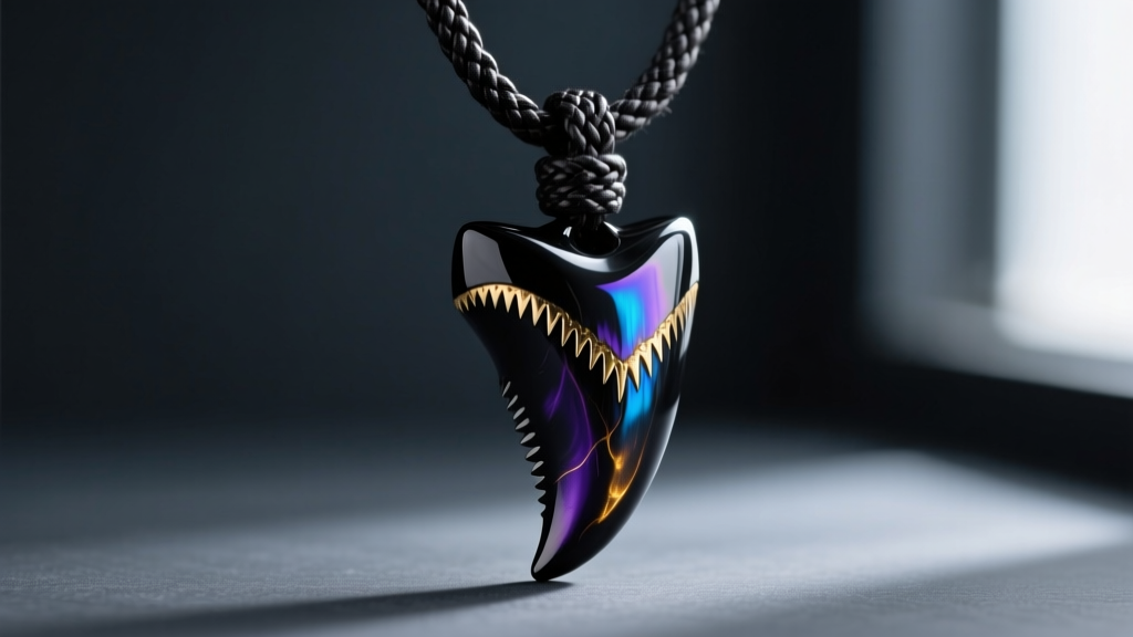 Close-up of a polished black agatized megalodon shark tooth pendant hanging on a thick braided leather cord against dark slate.