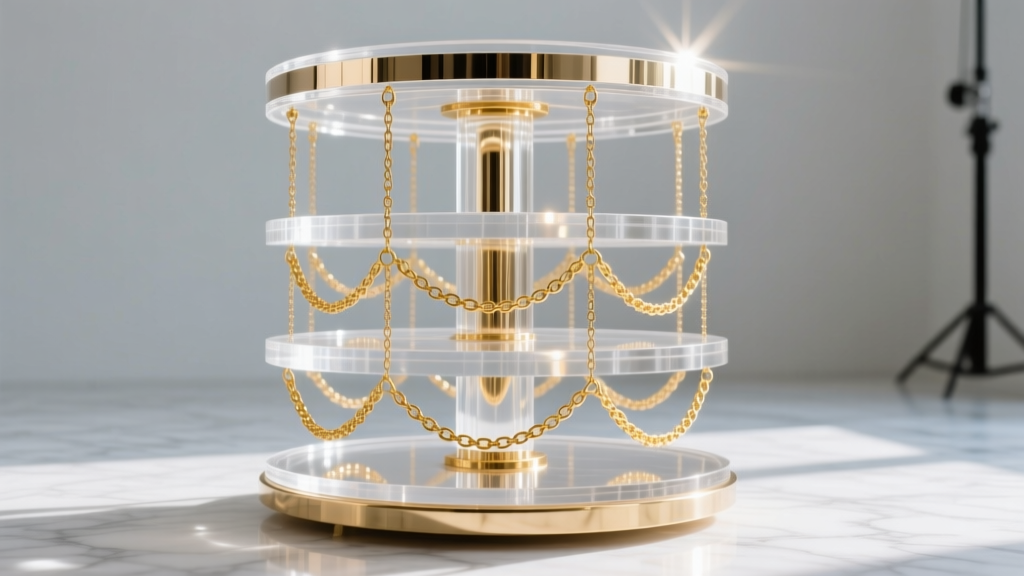 Clear cast acrylic spinning jewelry carousel holding delicate gold chains, showing polished tiers under bright, clean lighting