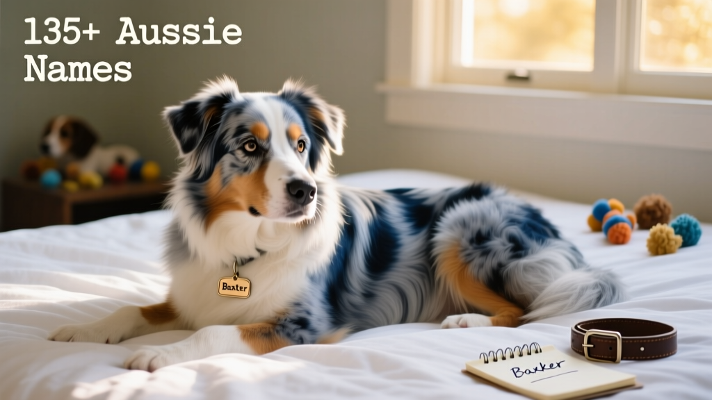 A relaxed blue merle Australian Shepherd resting comfortably on a clean white bed