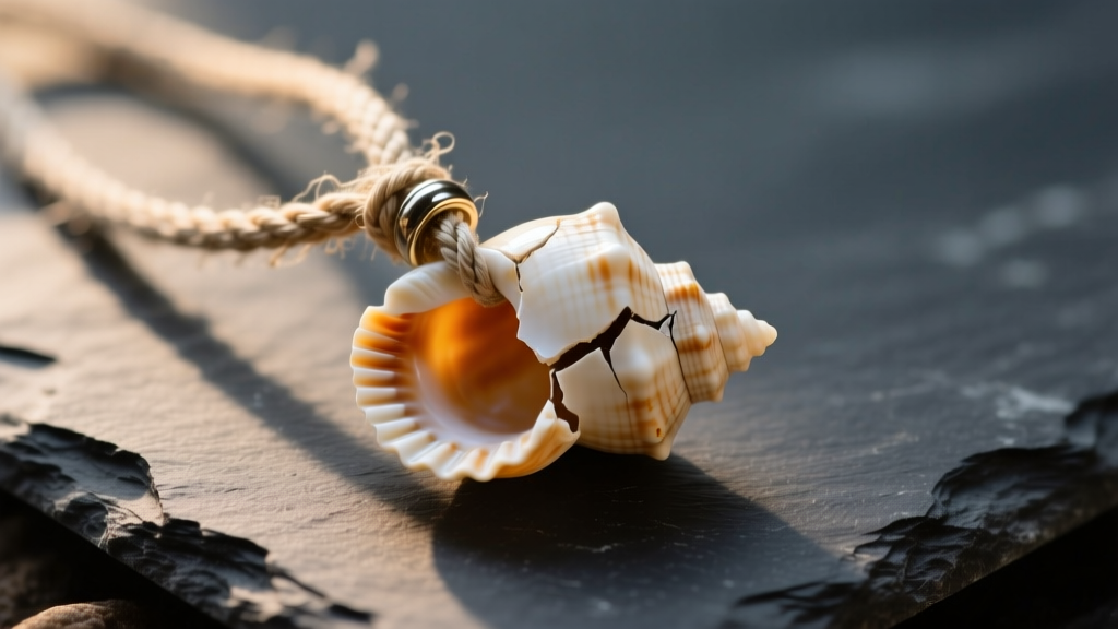 Close-up of a fractured puka shell pendant on a frayed silk cord, resting on a dark slate surface under warm directional lighting.