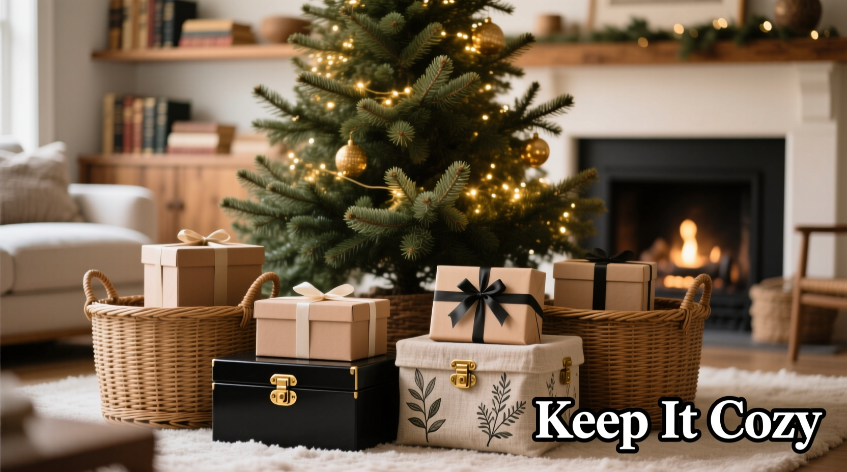 how to hide gift clutter under the tree with stylish baskets and boxes