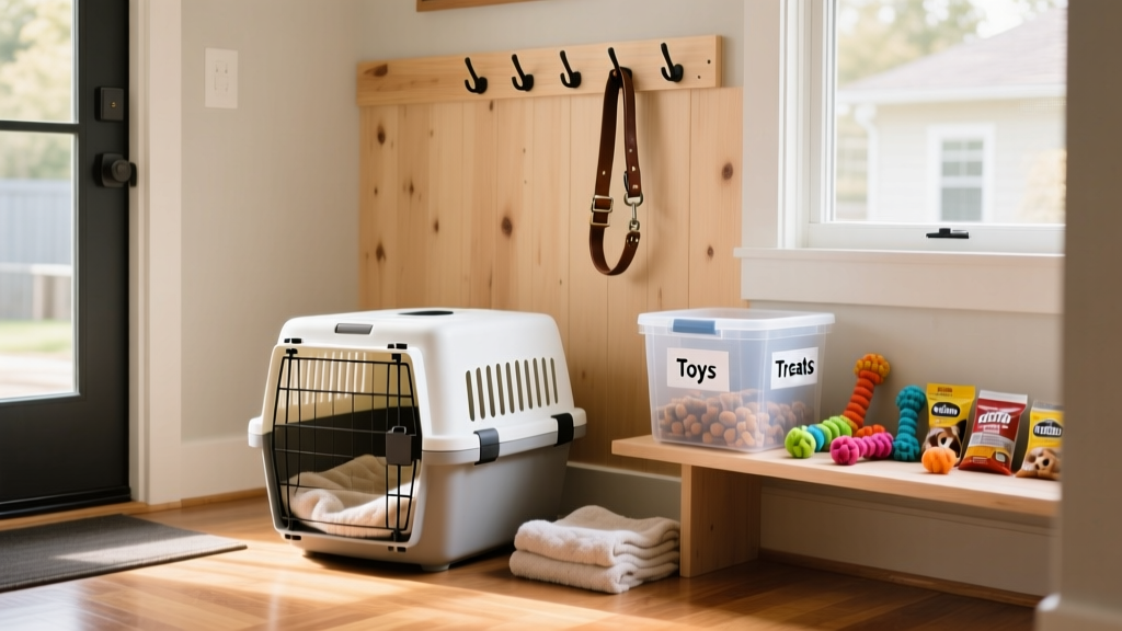 A clean, organized entryway with a dog crate, leash hook, and labeled storage bin for toys and treats—demonstrating thoughtful preparation