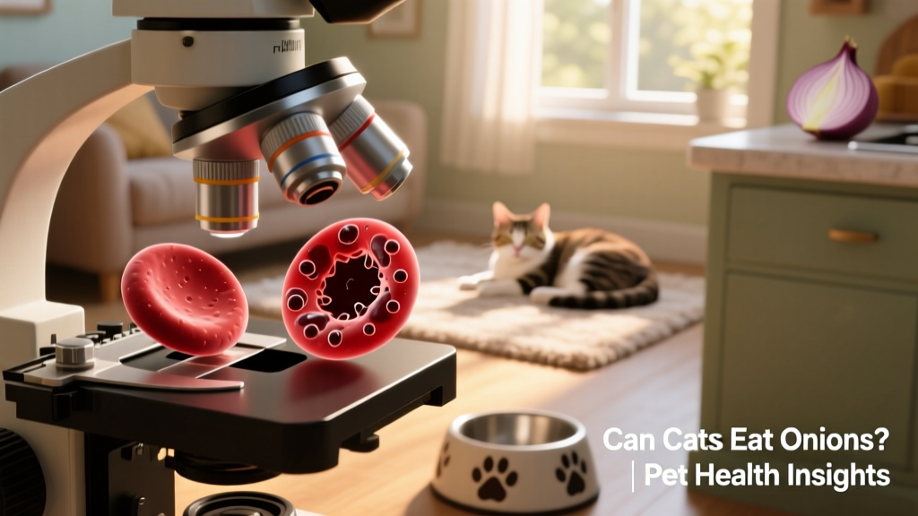 Illustration showing healthy red blood cells versus damaged Heinz bodies under a microscope