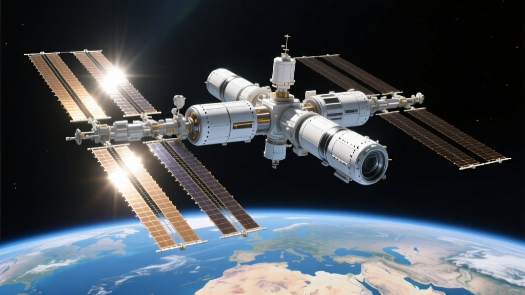 High-detail render of the International Space Station solar arrays and laboratory modules orbiting above Earth in sunlight