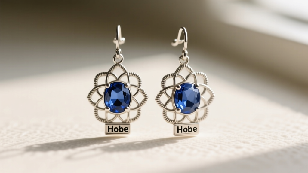 Macro shot of vintage Hobe earrings with sterling filigree, prong-set sapphire glass, and a clear block hallmark.