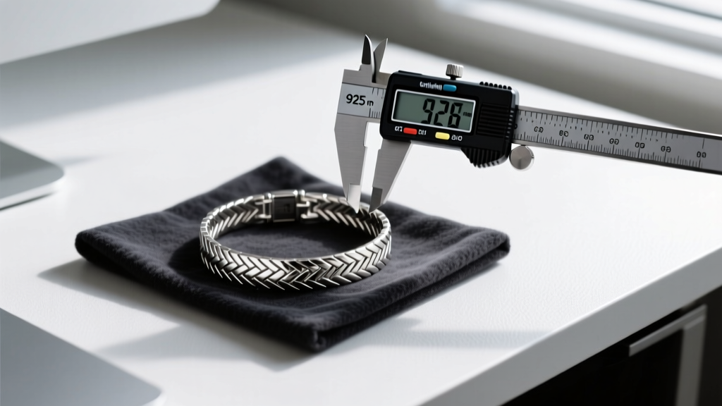 Overhead shot of a desk with a digital caliper measuring a 925 sterling silver herringbone bracelet beside a dark microfiber cloth
