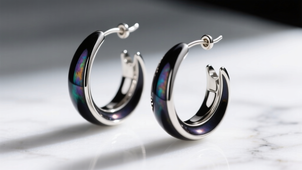 Macro shot of sterling silver hoop earrings with deep dark liver of sulfur patina and polished edges on white marble