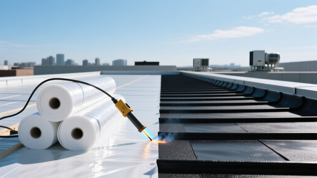Commercial flat roof installation showing white TPO membrane rolls being heat-welded next to dark EPDM sections under a bright sunny sky