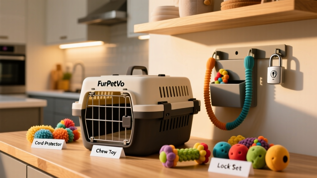 A neatly organized puppy supply station with FurPetVo crate, chew toys, cord protectors, and childproof cabinet locks