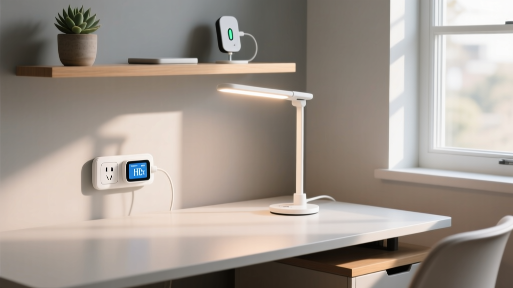 A modern home office desk featuring a smart energy monitoring plug and an automated LED desk lamp reducing power consumption