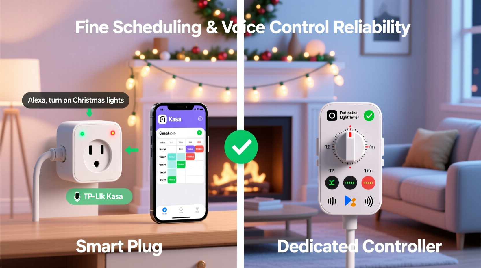 smart plug vs dedicated christmas light controller which gives finer scheduling and voice control reliability
