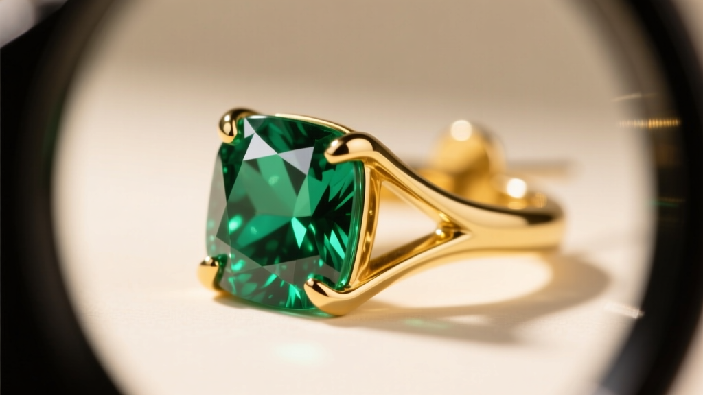 Loupe view of a V-prong setting protecting the clipped corner of an emerald cut emerald earring set in polished 18k yellow gold.