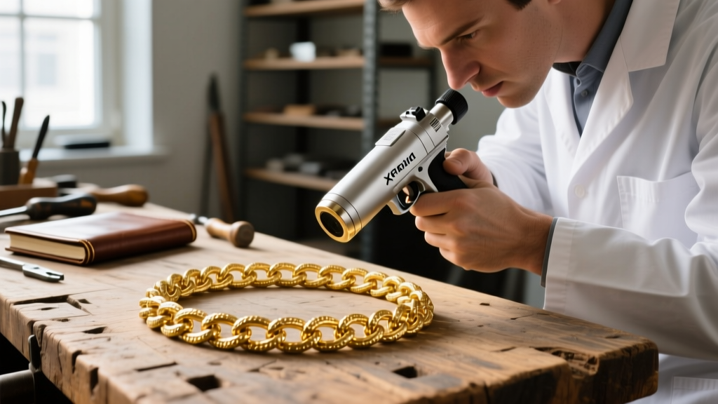 Jeweler using an XRF spectrometer gun to test the karat purity of a textured 18k Italian gold chain link on a wooden workbench