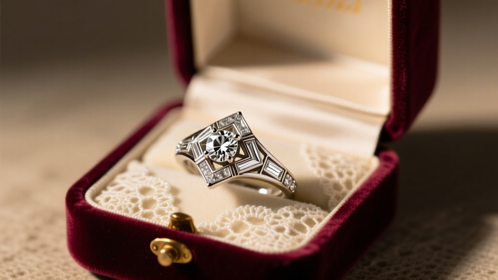 Elegant open velvet box revealing an Art Deco platinum diamond ring, resting on an antique lace cloth with warm moody lighting