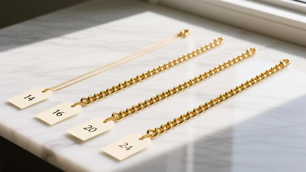 Flat lay on marble showing five gold chain lengths from 14 to 24 inches, each labeled with a minimalist paper tag.