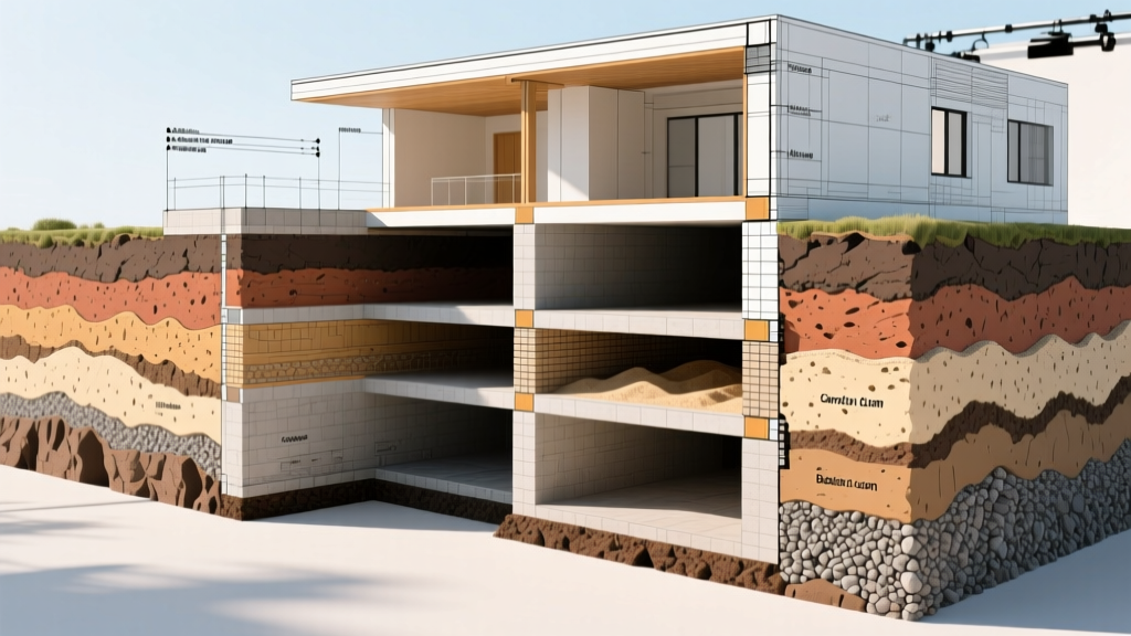 Architectural blueprint showing cross-sections of slab, crawlspace, and basement foundation types overlaid on diverse soil strata layers
