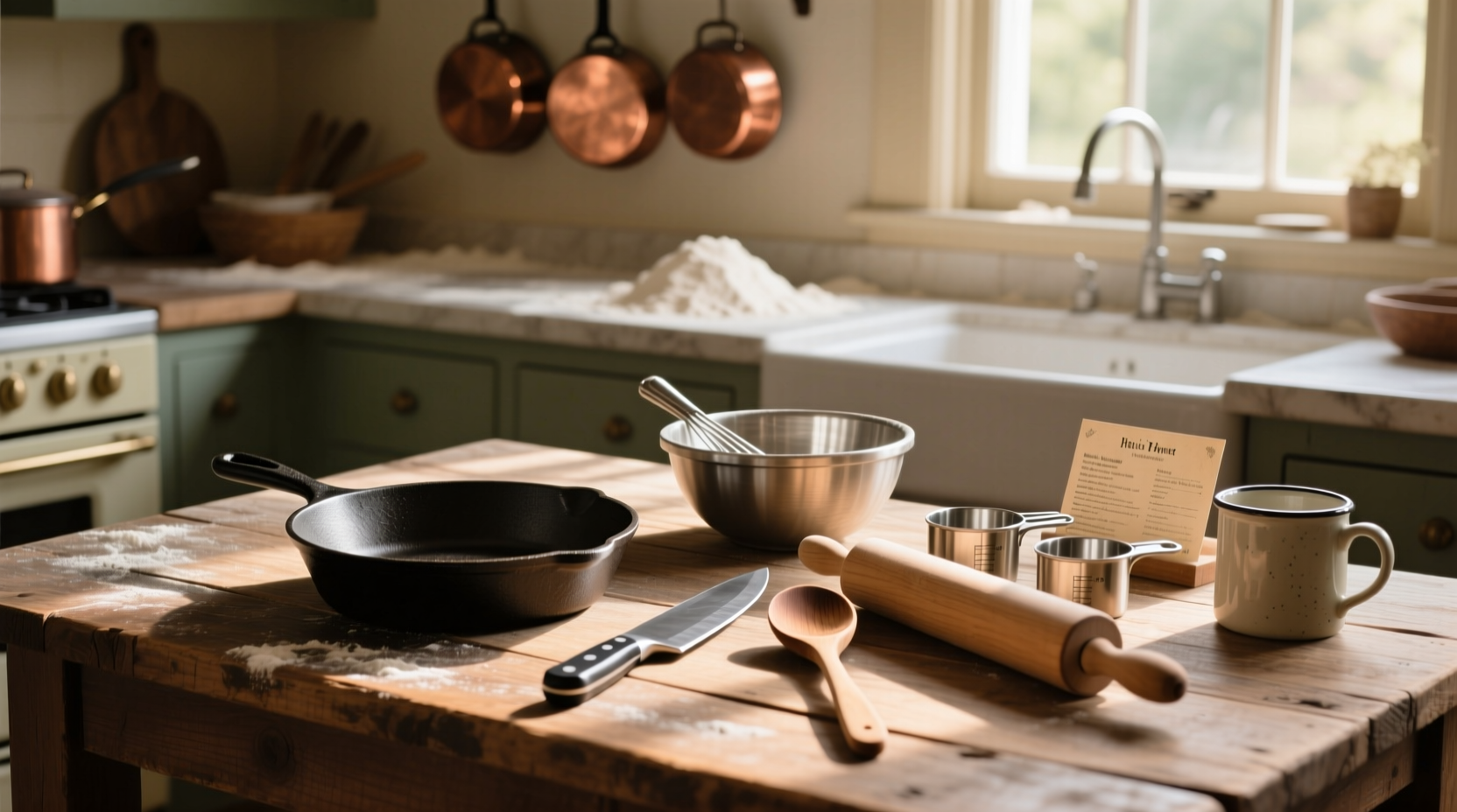Essential cooking tools on wooden table