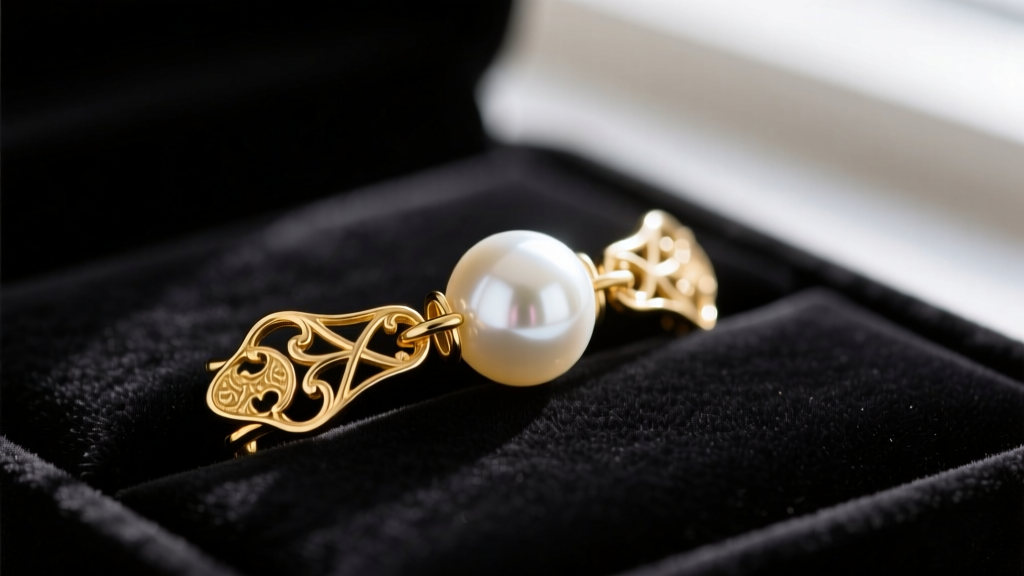 Close-up of an 18k yellow gold clasp securing a strand of perfectly round, high-luster white Akoya pearls on a dark velvet display.