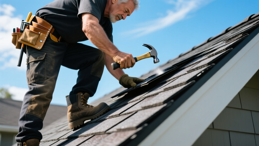 Close-up of a roofing contractor installing dark charcoal architectural asphalt shingles on a steep residential roof under clear blue skies