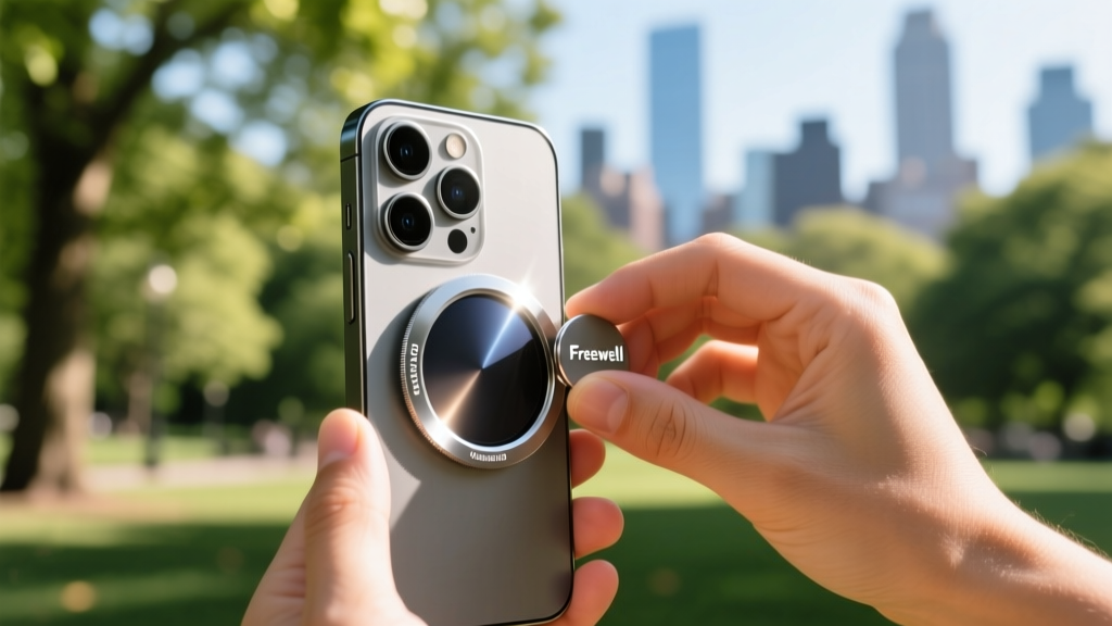 Close-up of a creator attaching a Freewell magnetic variable ND filter to an iPhone 15 Pro while shooting outdoor video in bright sunlight