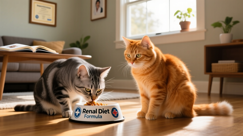 Two cats sitting side by side, one eating from a labeled renal diet bowl while the other looks curiously toward it