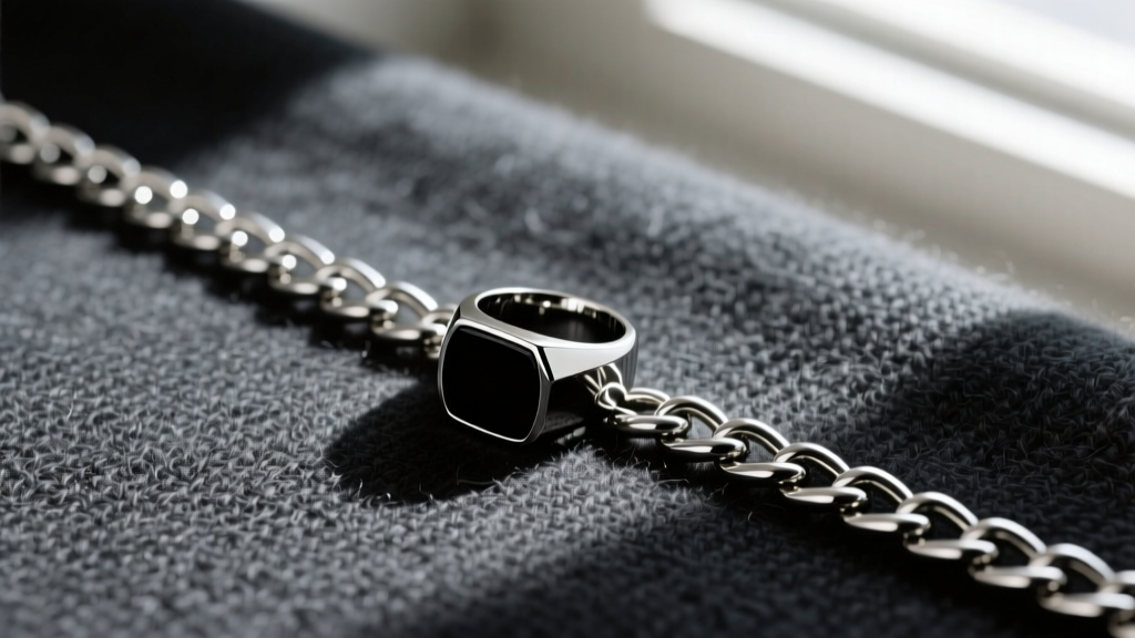 Overhead flat lay of a 5mm stainless steel Cuban link chain and matte black onyx signet ring resting on dark charcoal wool fabric