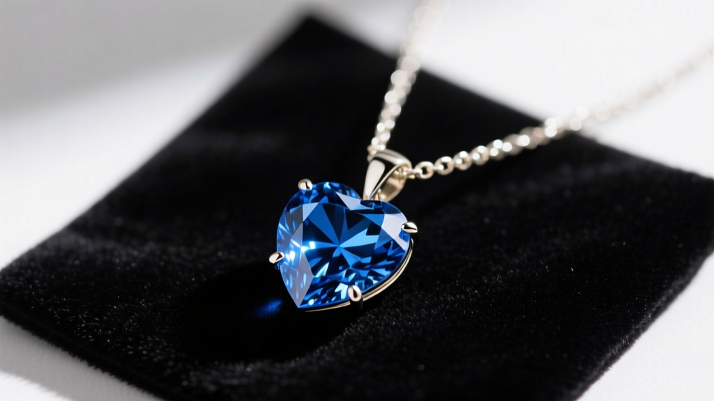 Close-up of a sparkling blue sapphire heart pendant on a delicate white gold chain, resting on a dark velvet jewelry cleaning mat.