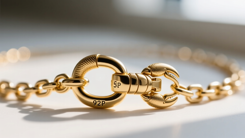 Extreme close-up of a lobster clasp and chain link on a gold vermeil necklace, highlighting the metal quality stamp and soldering.