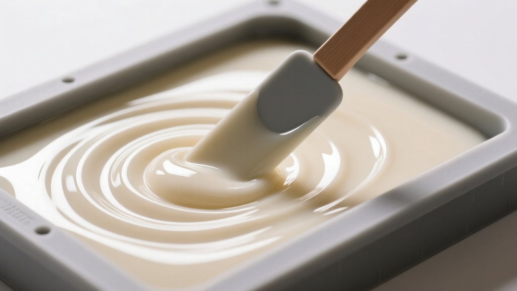 Close-up of a silicone mold filled with creamy opaque epoxy resin using a fine silicone spatula under bright studio lighting.