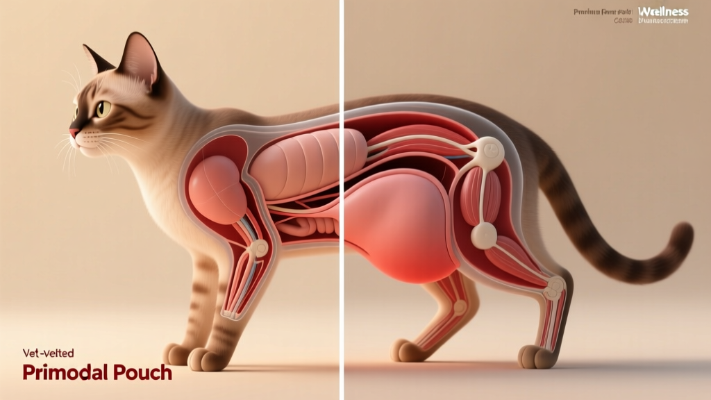 Illustration comparing feline anatomy with and without the primordial pouch, highlighting its location and function