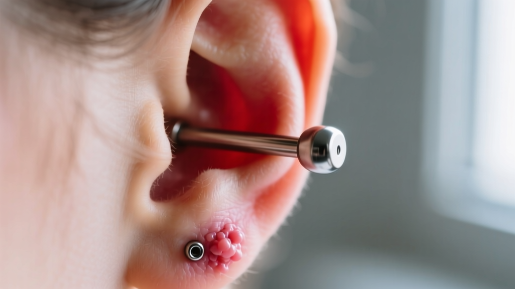 Macro photo of an irritated ear cartilage piercing with a small hypertrophic bump forming near a 16-gauge flat-back labret