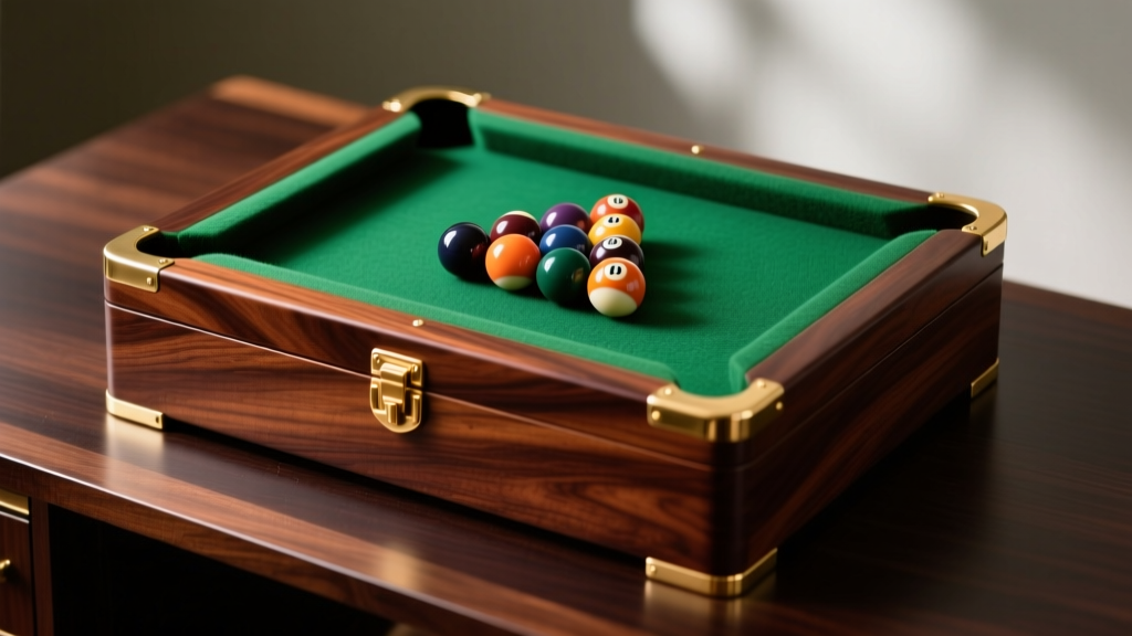 Luxury mahogany pool table jewelry box with green worsted wool felt top, brass corners, and miniature billiard balls on dark desk.