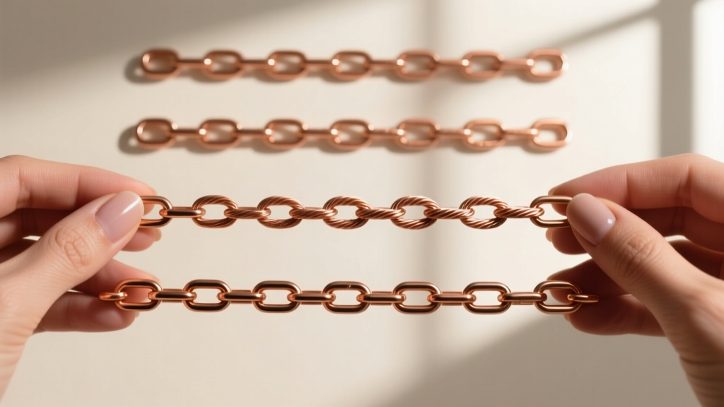 Comparison of 18, 20, and 22 gauge copper wire chain links under a jeweler's loupe, showing thickness and structural differences