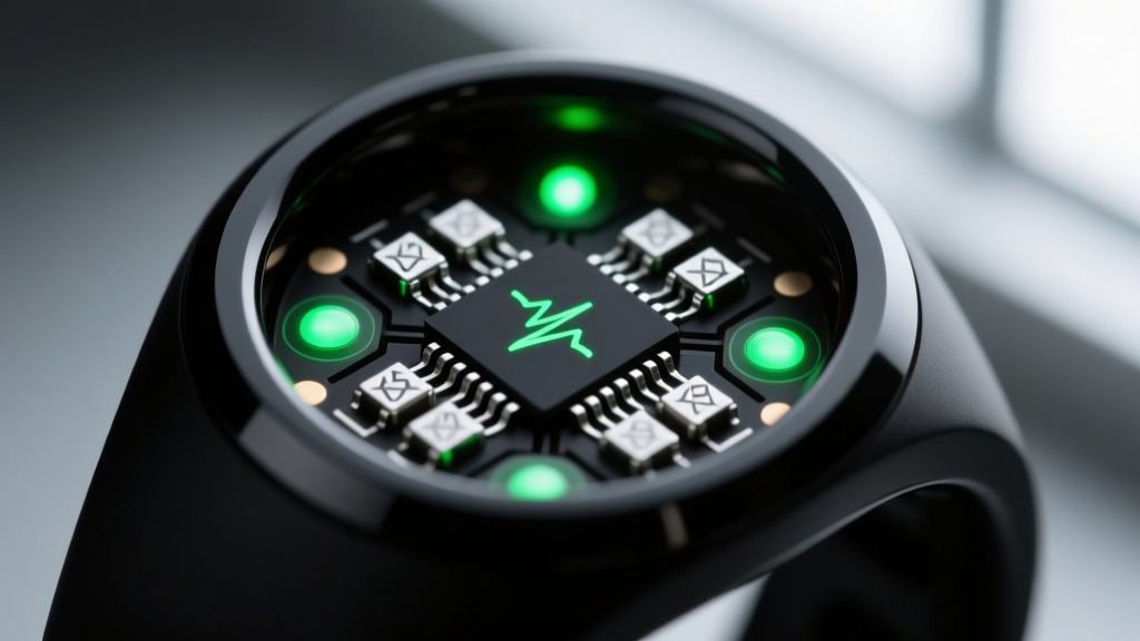 Macro view of matte black smart ring inner sensor array showing embedded NTC thermistors and green PPG optical heart rate LEDs