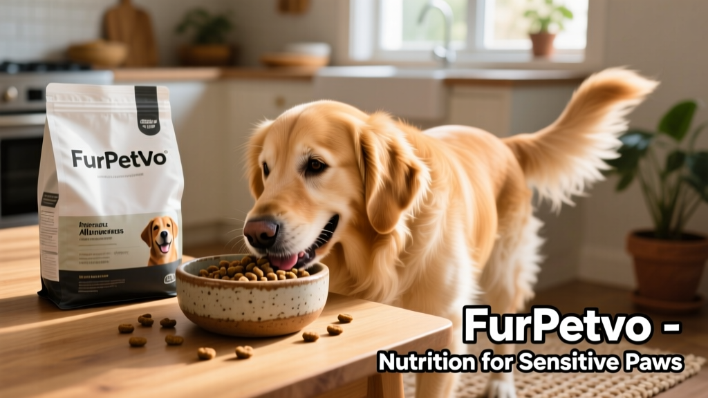 Dog happily eating from a ceramic bowl, with a bag of FurPetVo dog food visible in the background