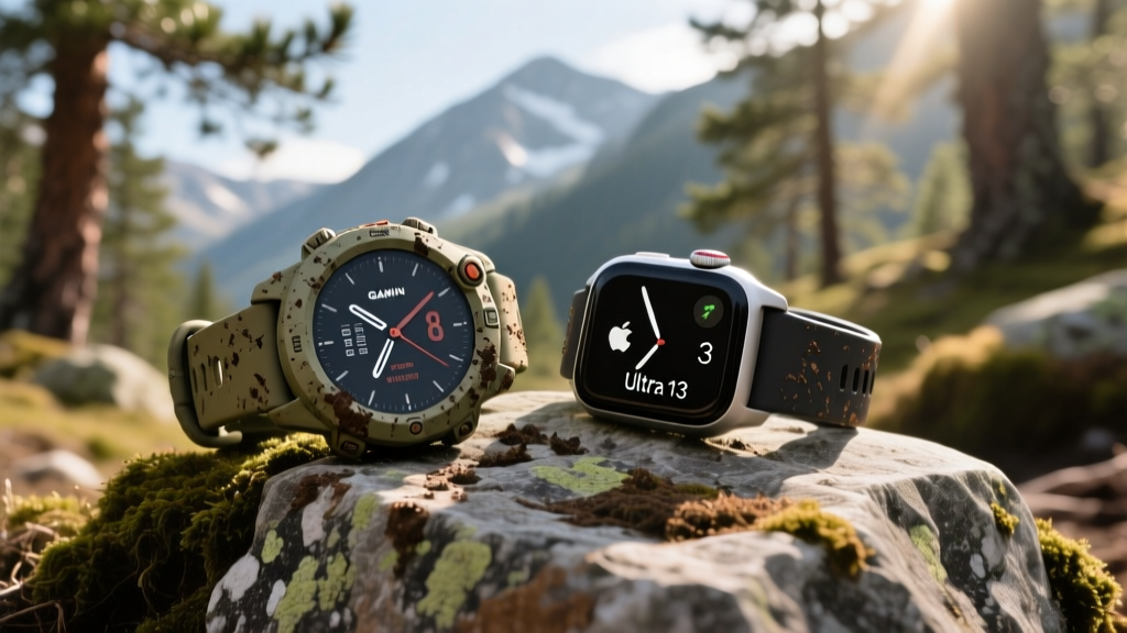 Mud-spattered Garmin fenix 8 and Apple Watch Ultra 3 on a granite boulder after a wilderness survival durability field test
