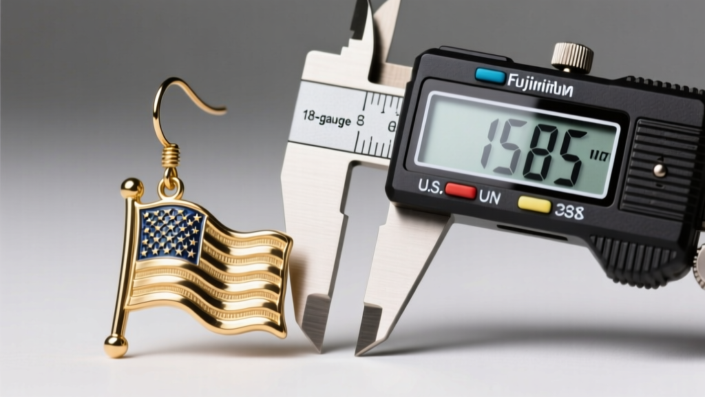 Macro shot of a brass US flag dangle earring beside a digital caliper showing 18-gauge wire thickness under bright studio lights.