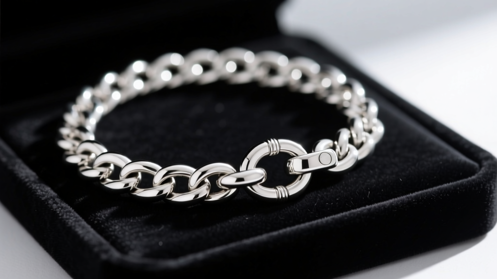Extreme close-up of a sturdy sterling silver rolo chain with a secure lobster clasp, resting on a dark velvet jewelry pad