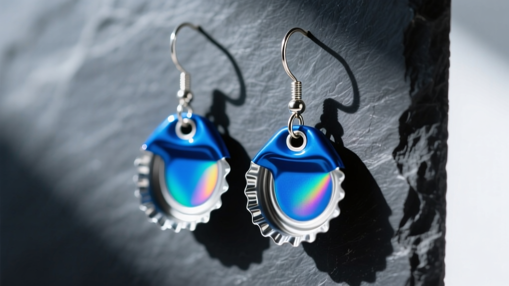 Macro shot of upcycled blue aluminum soda tab earrings with glossy UV resin, hanging from silver hooks on a dark slate surface.