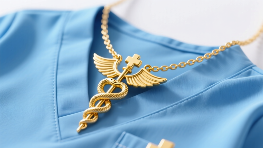 Close-up of a 14k yellow gold caduceus nurse necklace resting on crisp blue medical scrubs under bright, clean clinical lighting.