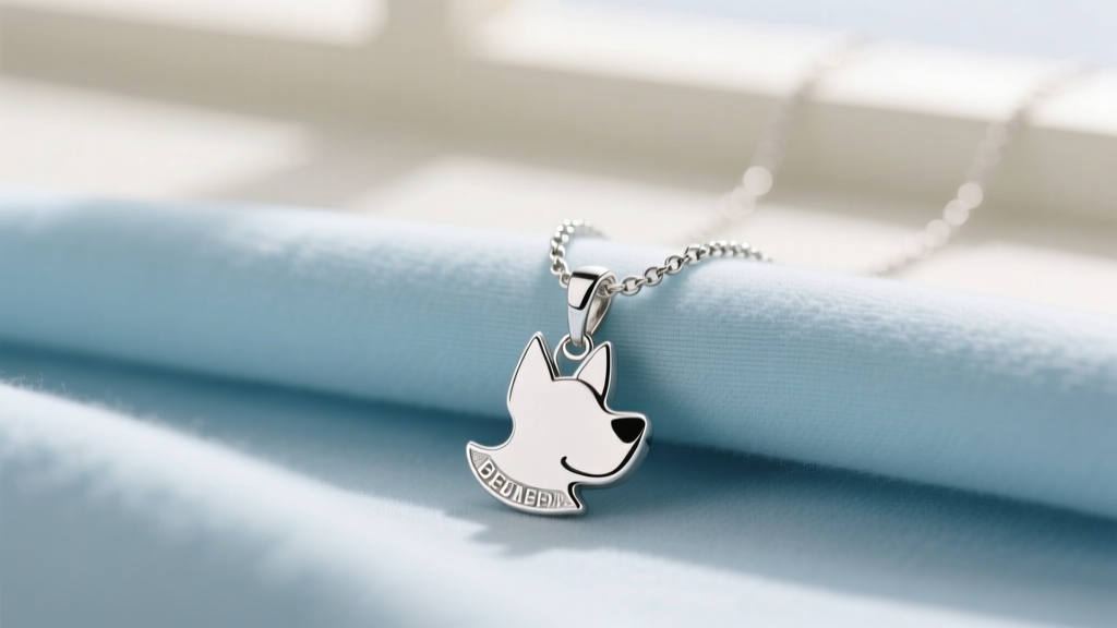 Close-up of a sterling silver Bluey silhouette pendant on a delicate 16-inch rolo chain resting on soft pastel blue cotton fabric.